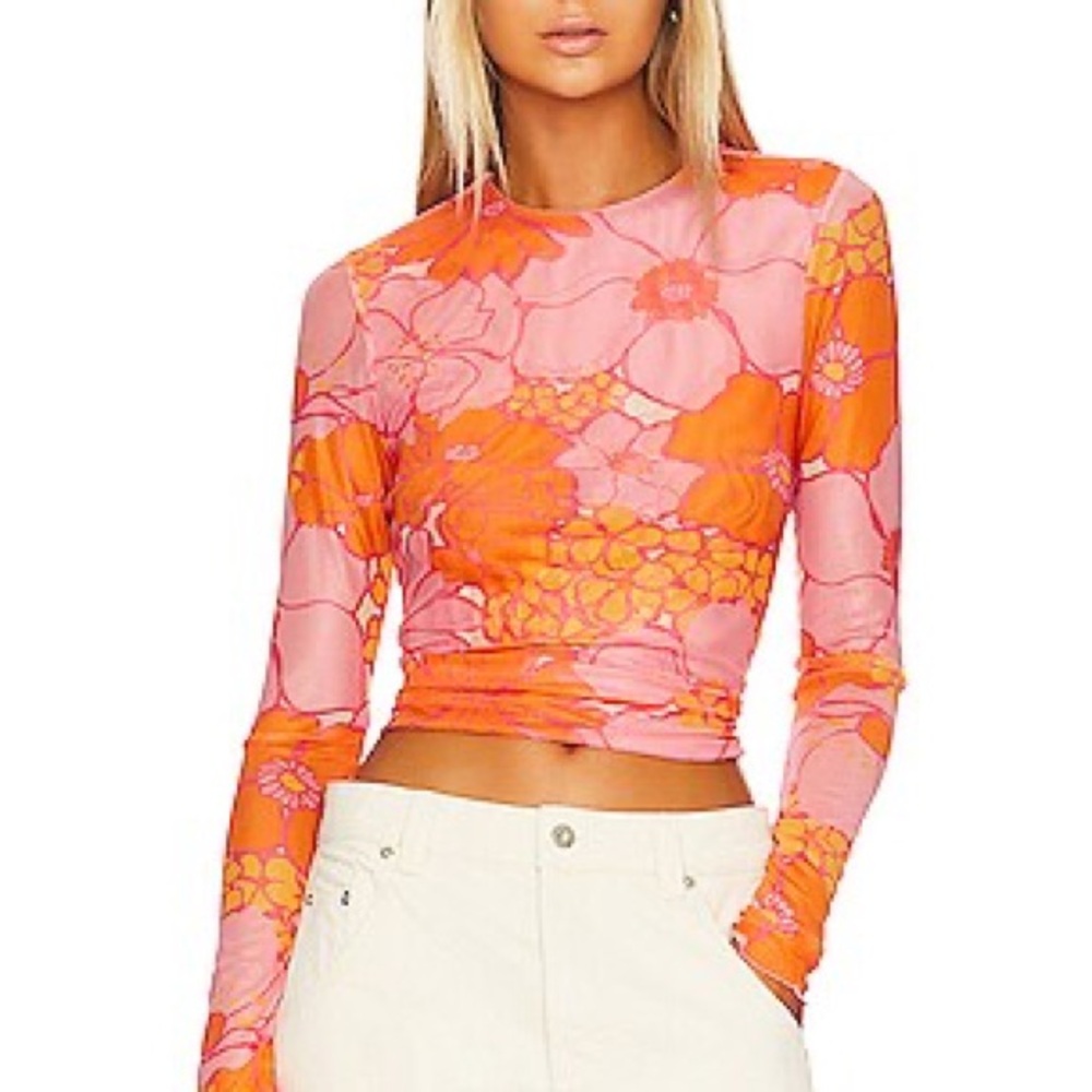 Show‎ Me Your Mumu Women's Daphne Retro Garden Mesh Top Pink Orange Large